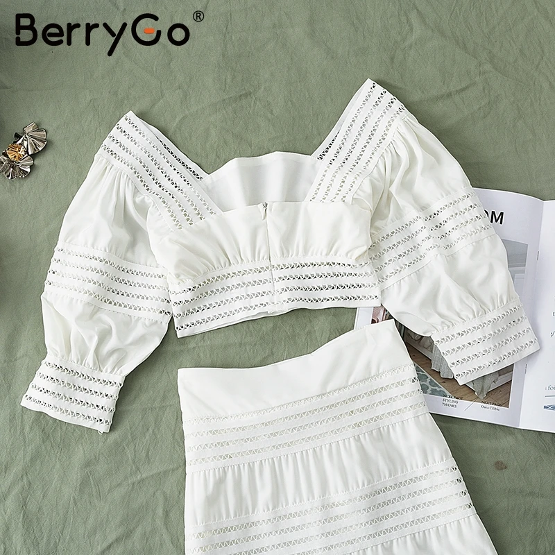 BerryGo женские белые платья из двух частей элегантные открытые с пышными рукавами