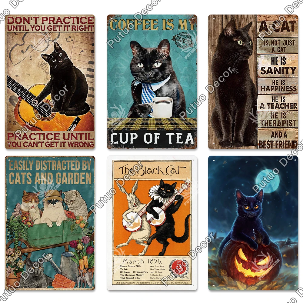putuo decor black cat vintaget metal sign plaque metal vintage tin sign decoration for living room pet shop home wall decor free global shipping