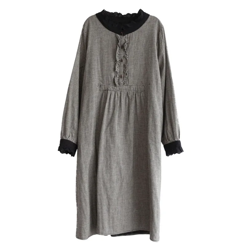 Женское платье на осень и весну 2020 хлопок лен в клетку с длинным рукавом