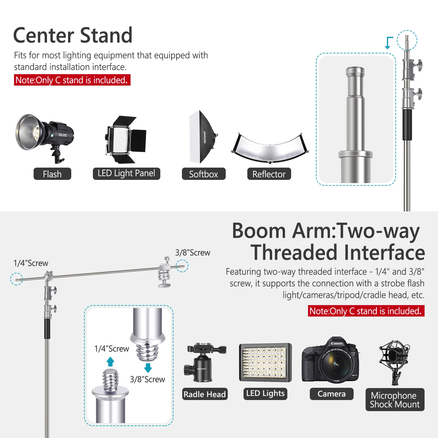 

Neewer 10 Feet Adjustable C-Stand Light Stand 1.2 Meters Extension Boom Arm 2 PCS Grip Head Carry Bag for Photography Studio