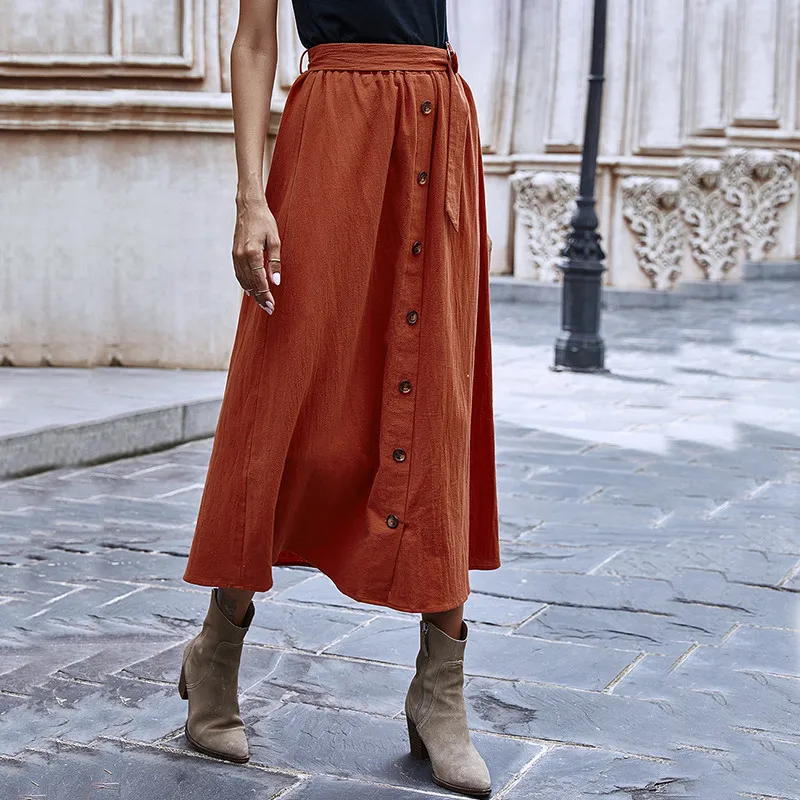 

Casual A Line Long Skirt Women Fashion Single Breasted belt Skirts 2021 Spring New Style Vintage Solid Color Streetwear Skirt