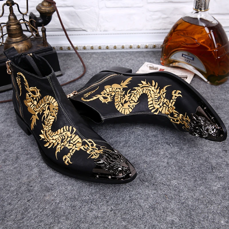 

Christia Bella Chinese Style Handmade Man Cow Leather Embroidery Ankle Boots Fashion Party Formal Men Motorcycle Zip Short Boots
