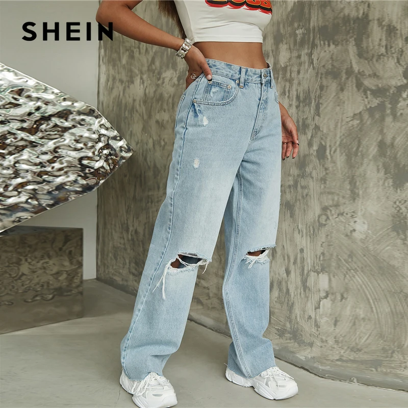 

SHEIN Light Wash High Waist Ripped Wide Leg Jeans Zipper Fly Long Denim Loose Pants Ladies Casual Jeans