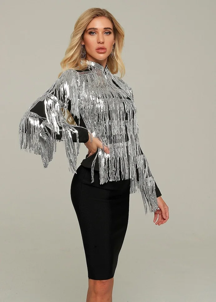 

Night Club Dresses Fashion Elegant Celebrity Evening Party Dress Long Sleeve Silver Tassel Bodycon Sexy Dress