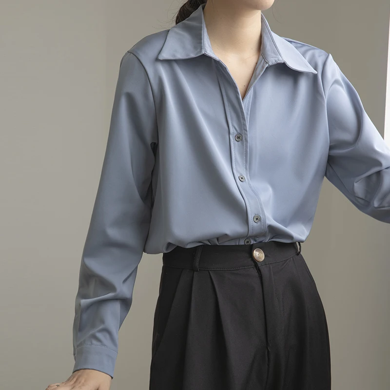 

Женская винтажная рубашка с отложным воротником и длинным рукавом, элегантная однобортная свободная однотонная блузка, топы, женские офисн...