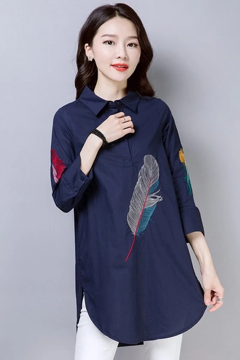 100% хлопок плюс размер перо вышивка Белая Длинная блузка для женщин 3/4 рукав