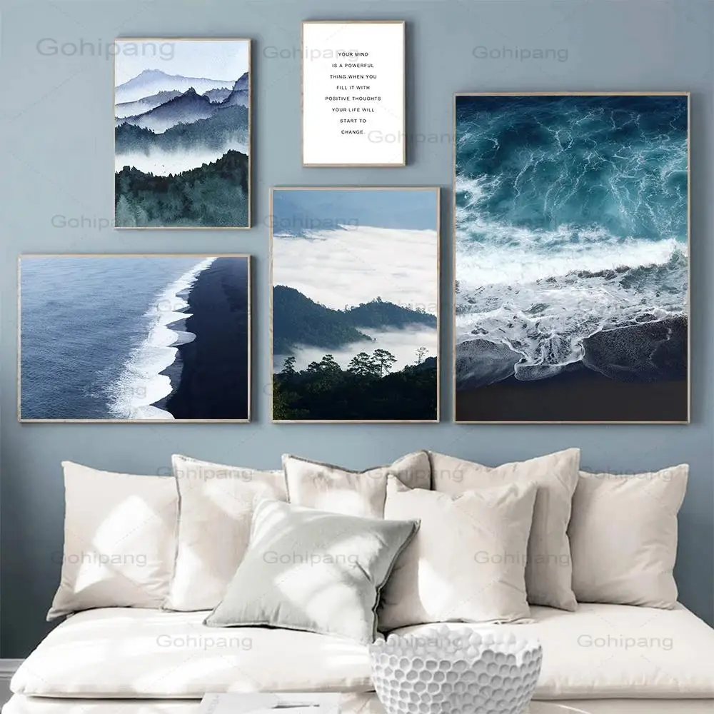 Синий пляж Холст Картина Пейзаж Плакат горы Туманный лес искусство картина