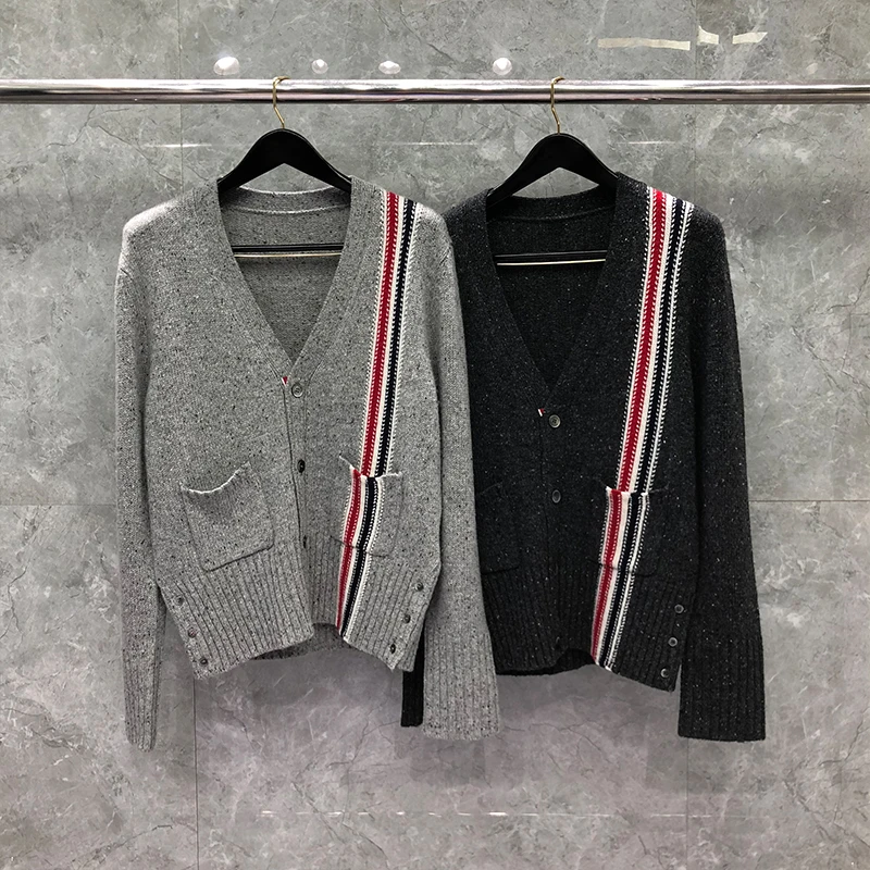 TB THOM Sweater Autunm Winter Sweaters Male Fashion Brand Milano Stitch Spoted Merino Wool RWB Stripe V-Neck Cardigan Men Coats