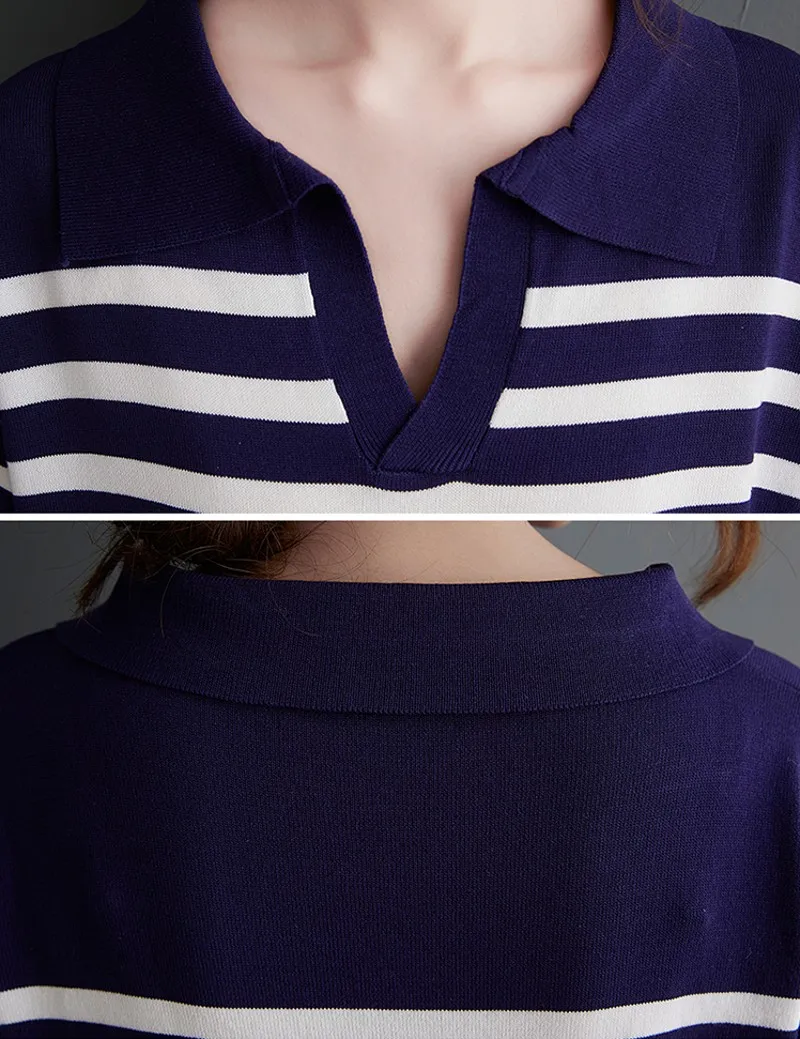 

2021 summer Fashion casual women striped breathable small V-neck short sleeve sweater + knitted shorts two-piece sets