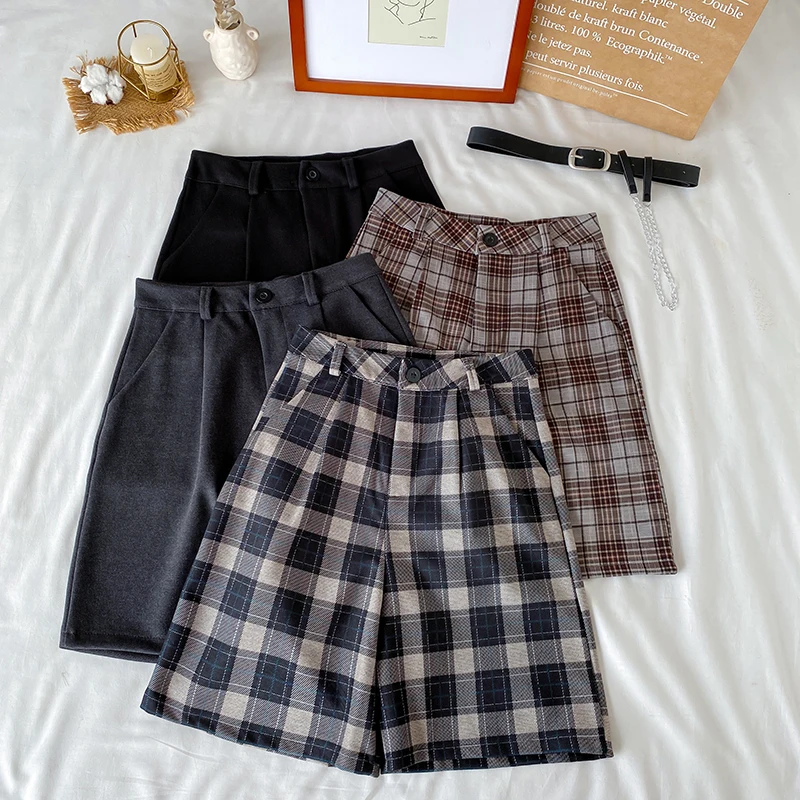 

Винтажные шикарные офисные клетчатые шорты с карманами для женщин 2020 осень мода с высокой талией на молнии Fly ремень женские короткие брюки ...