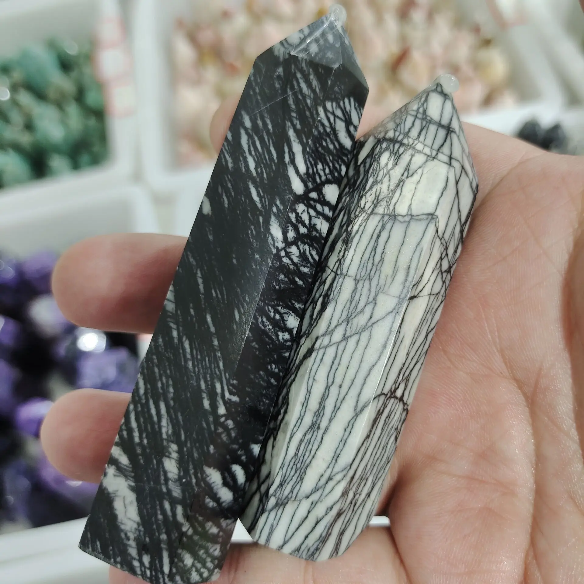 

High Quality Natural Crystal black network pillar Healing Energy Stone For Home Decoration