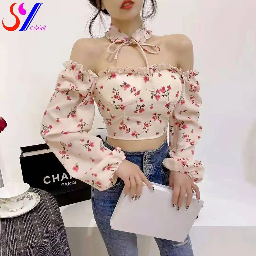 

SY New Sexy Women Tops Gothic Floral Print Elegant Chiffon Blouse Shirts Long Sleeve Pink Lady Crop Tops Clothing