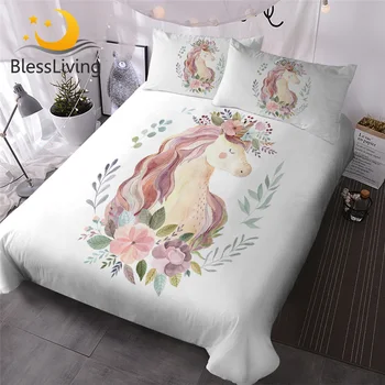 BlessLiving Unicorn Bedding Set Watercolor Girls Duvet Cover Leaf Flowers Kids Cartoon Bedspread White Bed Set Queen 3-Piece 1