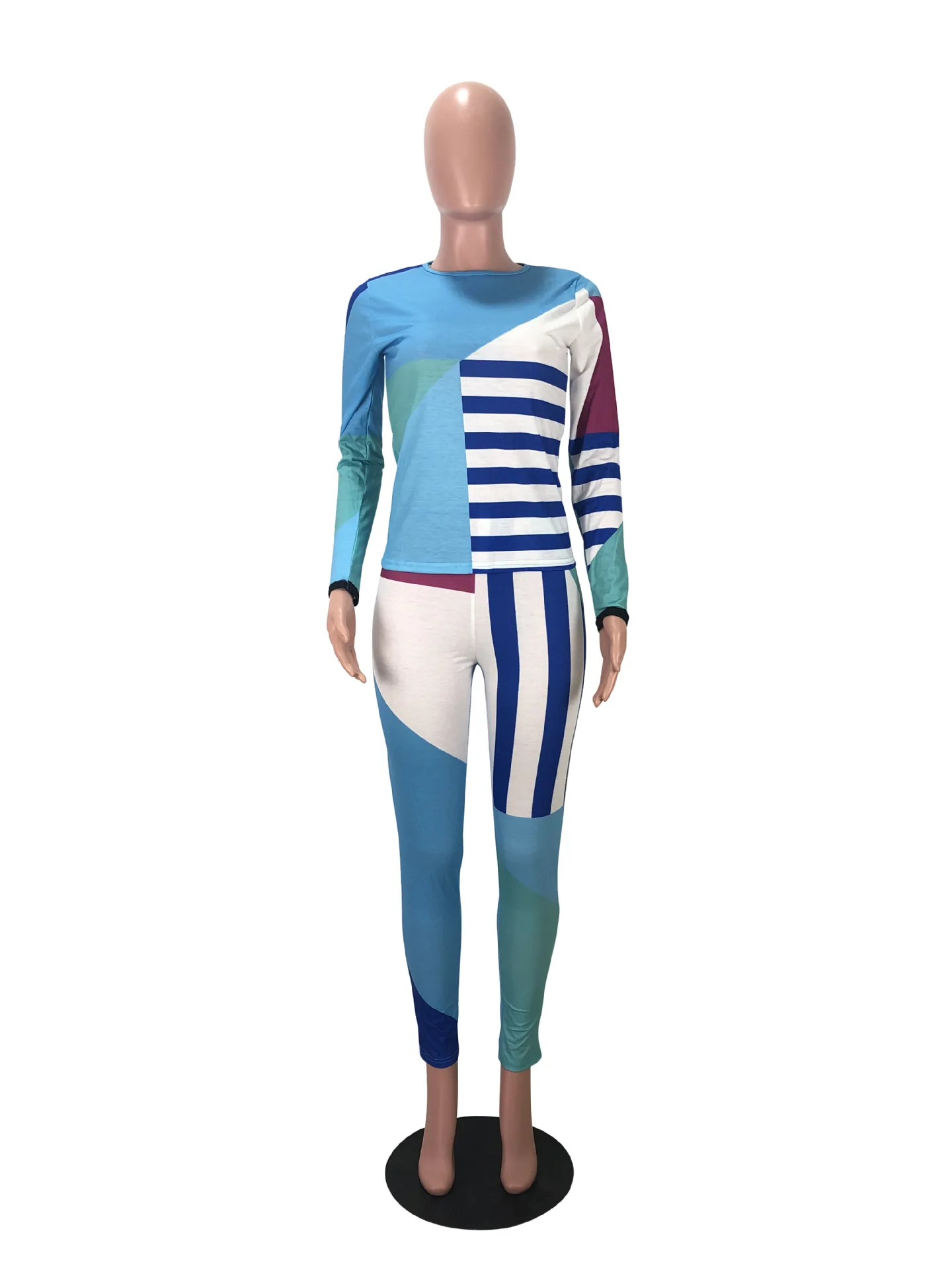 Autumn Winter Women stripes &amp splicing print t-shirt Striped pants suit two piece set fashion sporty tracksuit outfit |