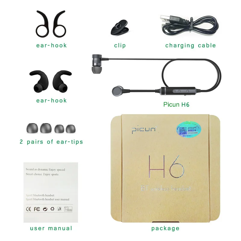 Беспроводные наушники Picun H6s Bluetooth спортивные с защитой от пота микрофоном бас