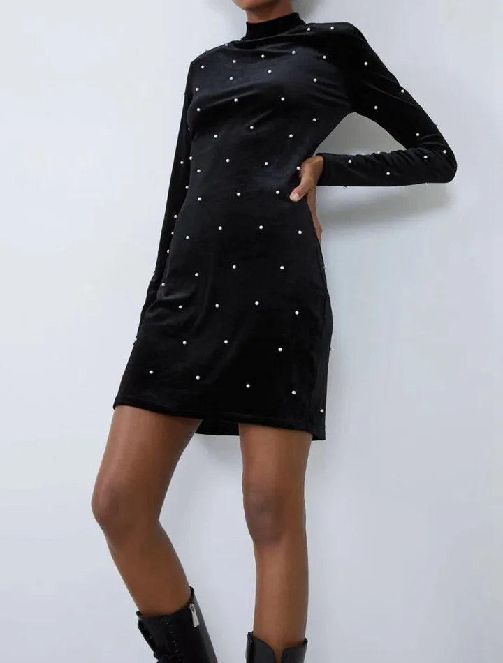 Женское модное Повседневное платье с жемчугом черное бисером и коротким длинным