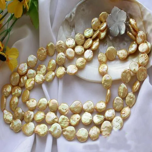 ?? 最新のユニークな真珠ジュエリー3行12ミリメートルgoldedコイン淡水cultuedパールネックレスシェルフラワークラスプファイン女性ギフト