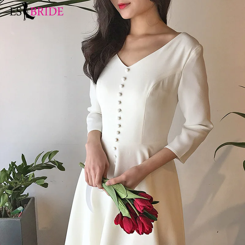 

2020 light Wedding Dress Medium Length Satin V-neck simple dress