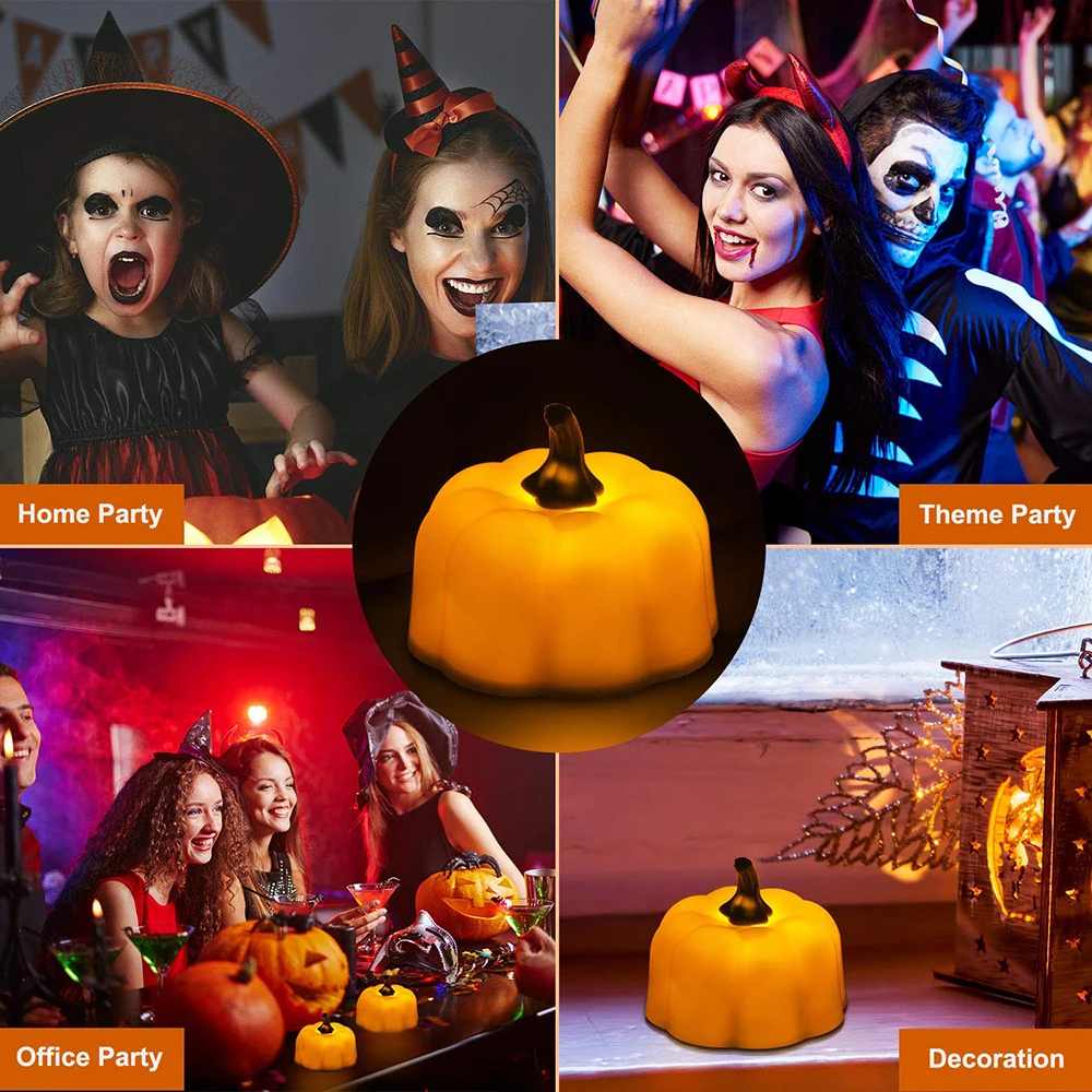 

12pcs LED Orange Pumpkin Lanterns Candles Lights 3D Halloween Pumpkin Flameless Tea Lights for Halloween Christmas Festival
