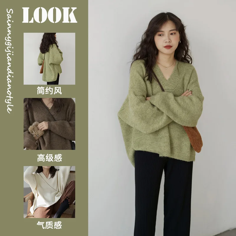 Вязаная Женская осенне-зимняя одежда французский Свободный пуловер свободного