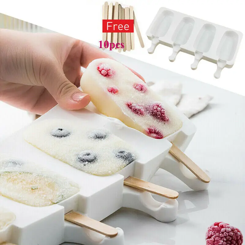 

Silicone 4 Juice Mold w/ Delicious Ice Cream Mould Cell Popsicle Maker Lolly Frozen Sticks