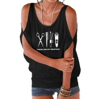 barber t shirt women o neck hairdresser weapon t shirt woman scissors tops girl sexy off shoulder batwing lace up top tees