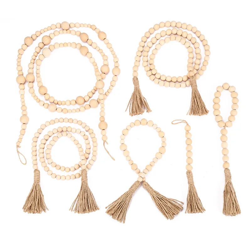 

DIY Wooden Home Decoration Handmade Garland With Jute Rustic Tassel Wood Bead Garlands For Rattan Macrame Wall Hanging Boho Gift