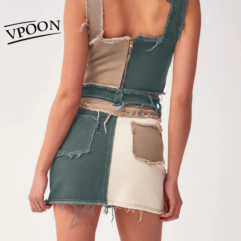 

2021 Patchwork Cotton Denim High Waist A-Line Skirts With Pockets Slim Autumn Streetwear Color Block Zipper Women Sexy Mini