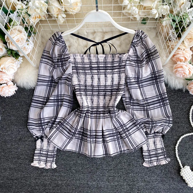 Женские топы с пышными рукавами новинка 2020 Женская клетчатая блузка эластичным