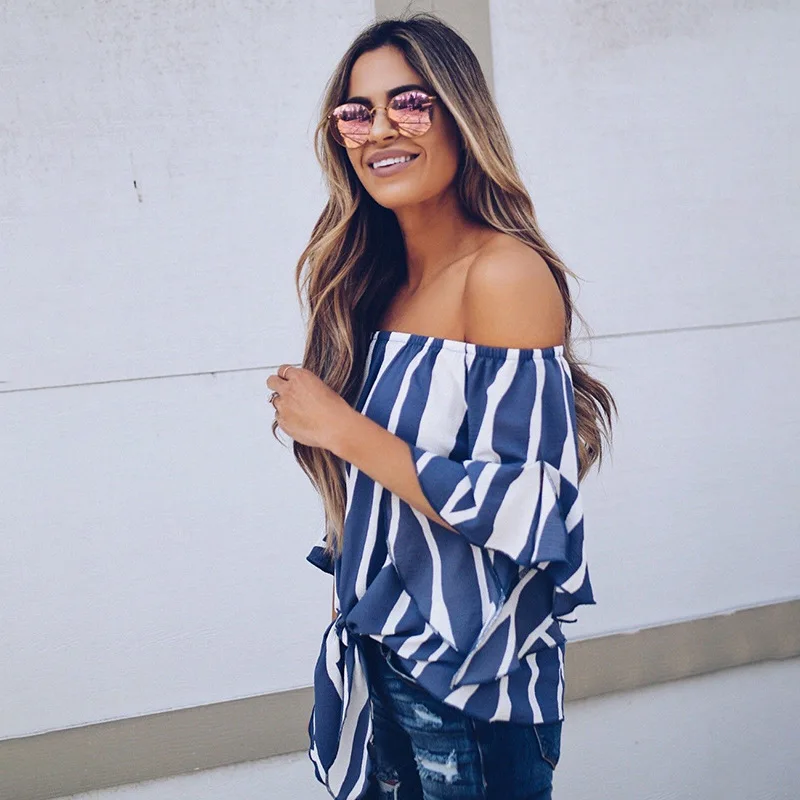 

NewHot Sale In Spring And Summer Of Sexy Striped Print One Shoulder Flared Sleeve Women's Chiffon Shirt 1267