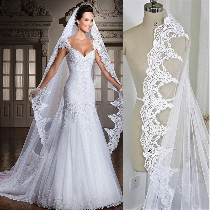 

Retro Lace Appliques One Layer Bridal Wedding Veil Long Cathedral 3M Long Church Bride Women Wedding Hair Veils