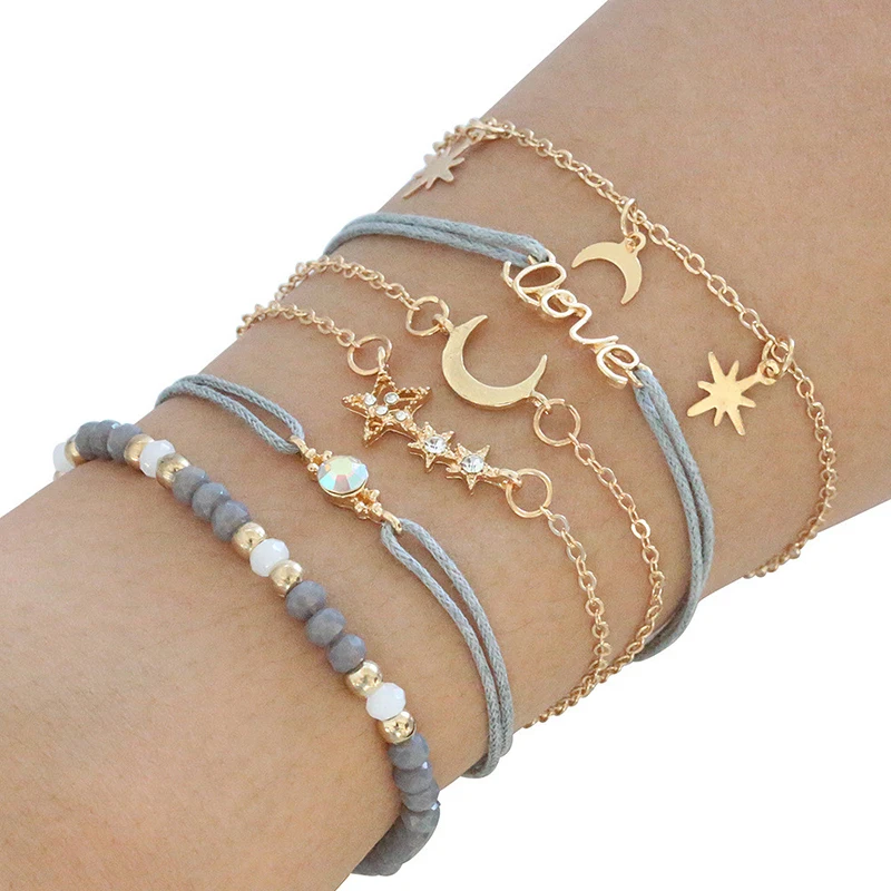 

6pcNew Fashion Bohemian Bracelet Set Women Shell Star Moon love Heart Natural Stone Beads Chains Bangle Boho Bangle Jewelry Sets