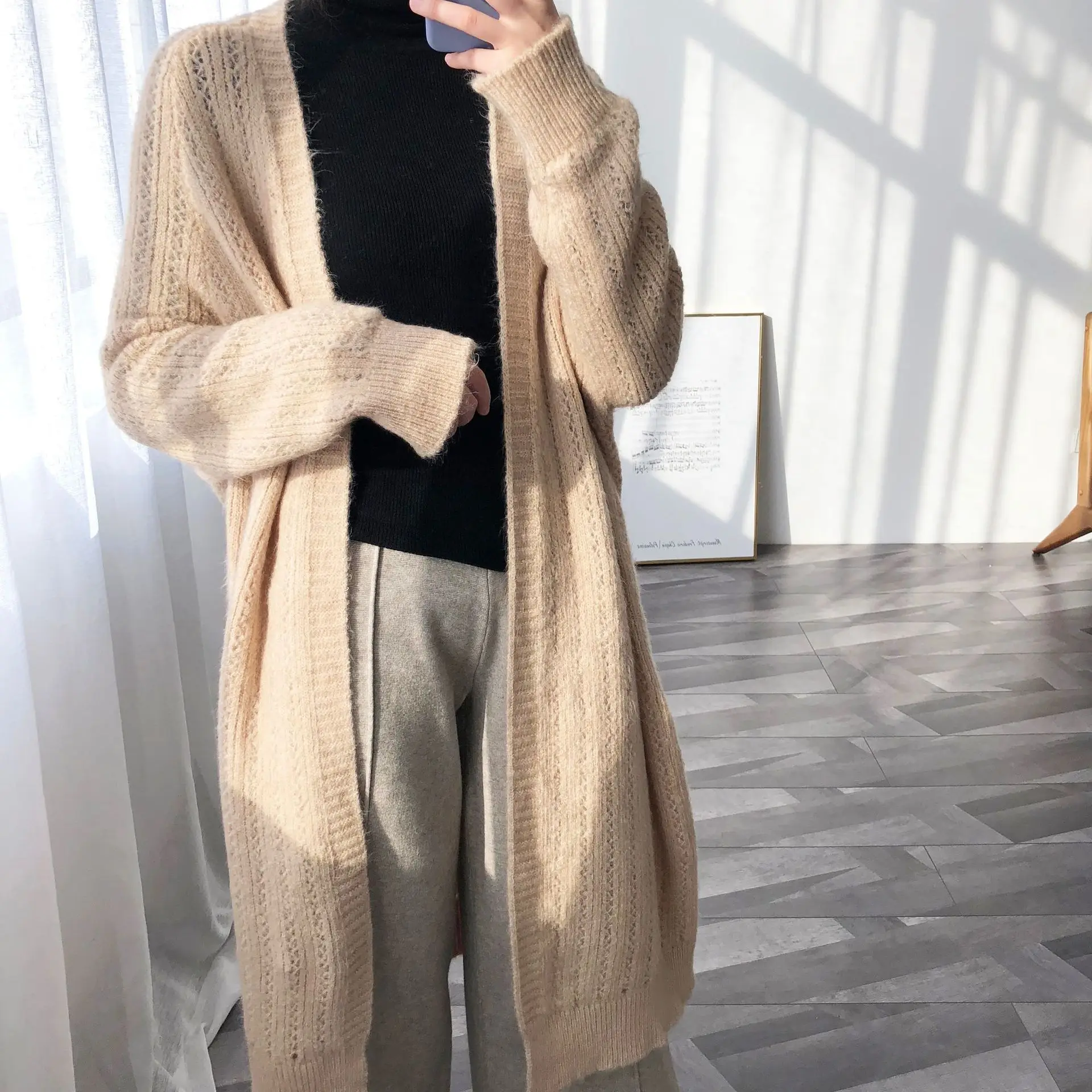 Женский свободный длинный вязаный кардиган повседневный черный Пушистый с