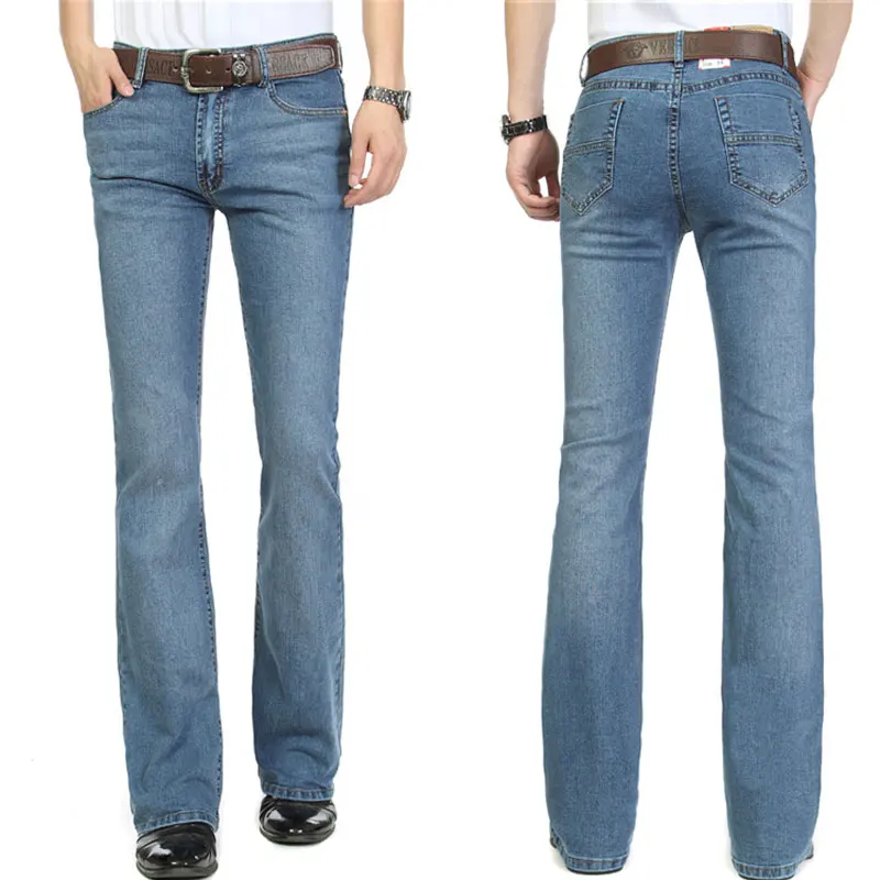 Business Casual Men's Jeans Trousers Mid Waist Elastic Slim Boot Cut Semi-Flared Bell Bottom Denim Pants 26-38