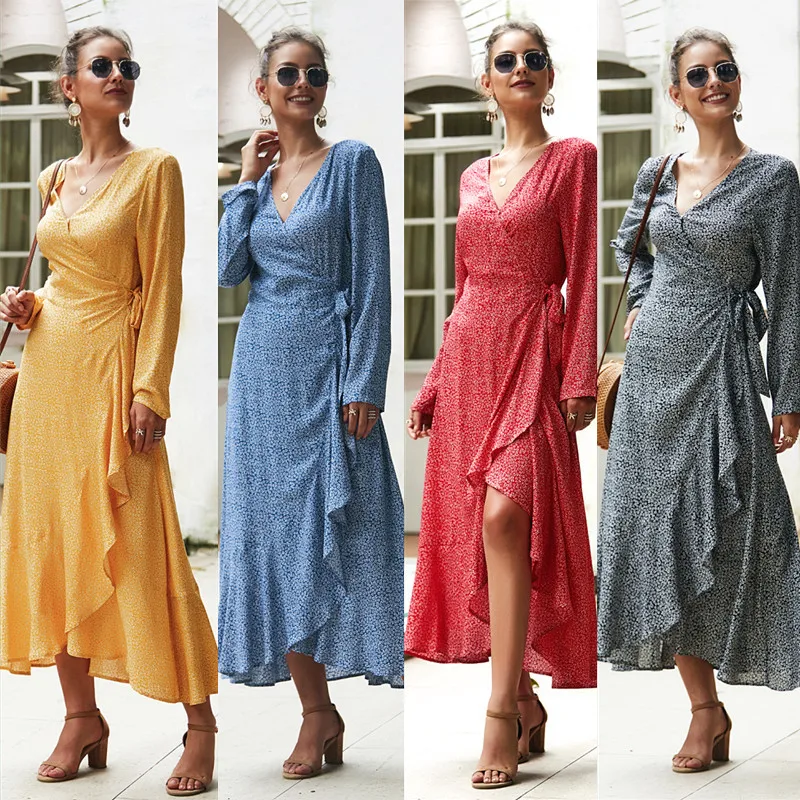 

2020 летние женские платья с длинным рукавом пляжное Элегантное Длинное Платье с v-образным вырезом богемное Цветочное платье Vestido Festa Vestidos