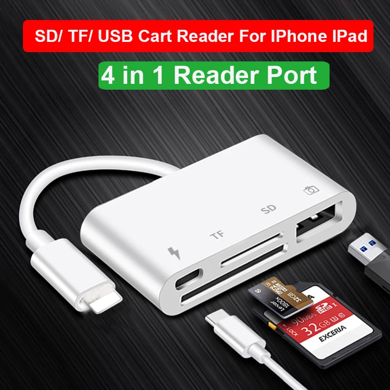 

4 in 1 USB Card Reader For Iphone lightning To Micro SD TF Card Reader OTG USB Memory Card Reader For Iphone With Charger port