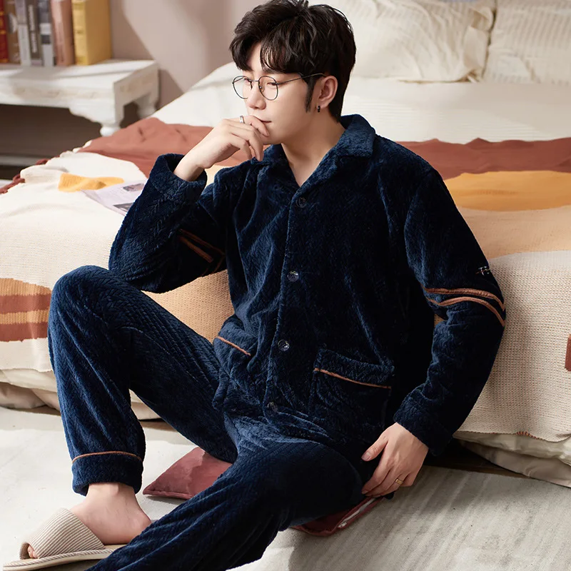 Men's Pajamas Set Flannel Sleepwear Striped Cardigan Lapel Button Pocket Pyjamas Thick Warm Luxury High Quality Homewear Winter