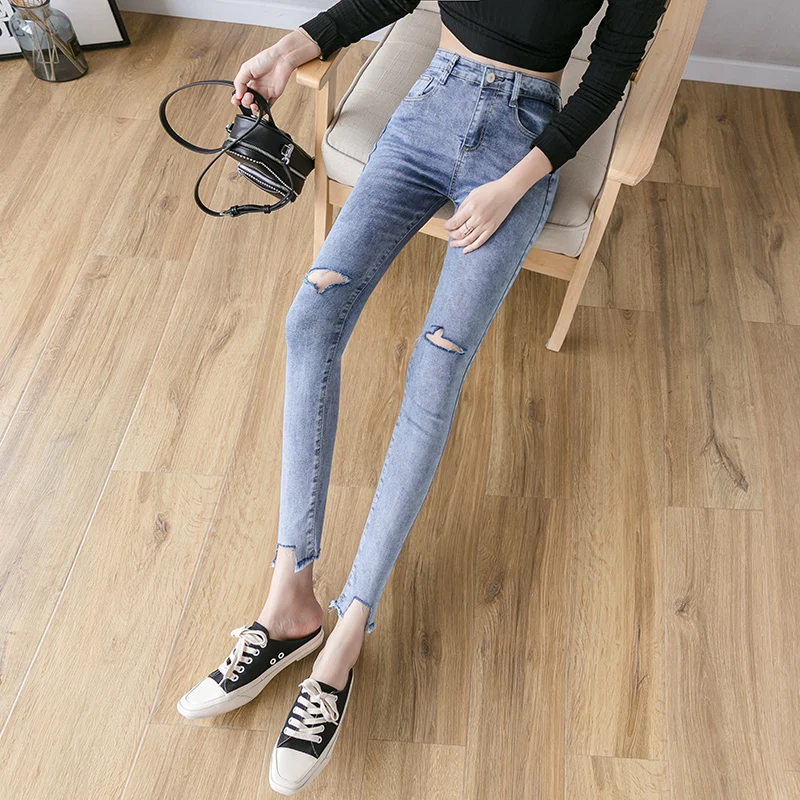 

Autumn new han edition of tall waist elastic ripped jeans female feet pants show thin port flavour restoring ancient ways nine m