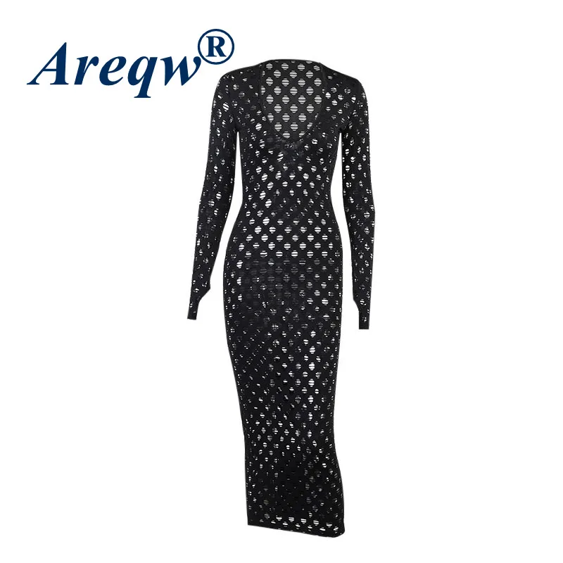 

Net See-through Long-sleeved Dress Women 2021 Spring and Summer Sexy Slim Fit Hip-step Mid-length Dress