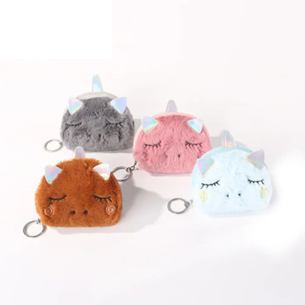 Мультяшный Плюшевый единорог кошелек для монет милый кот мех круг девочек клатч