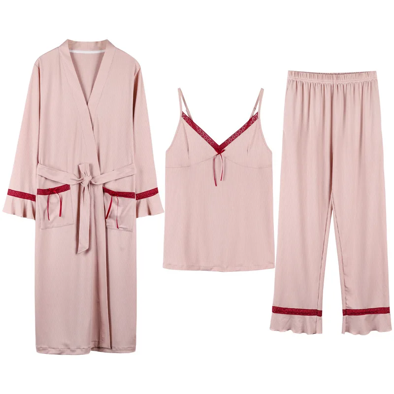 

3 Pieces Soft Cotton Autumn Winter Women Pajamas Sets Sling Sexy Robe Sleepwear Suit Sleeveless Nightwear Casual Homesuit