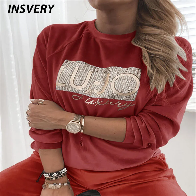 

Women Sequin Velvet Blouse Tops Elegant Solid Long Sleeve Letter Lady Shirt Autumn Casual Comfort Warm Pullover Sweatshirt 3XL
