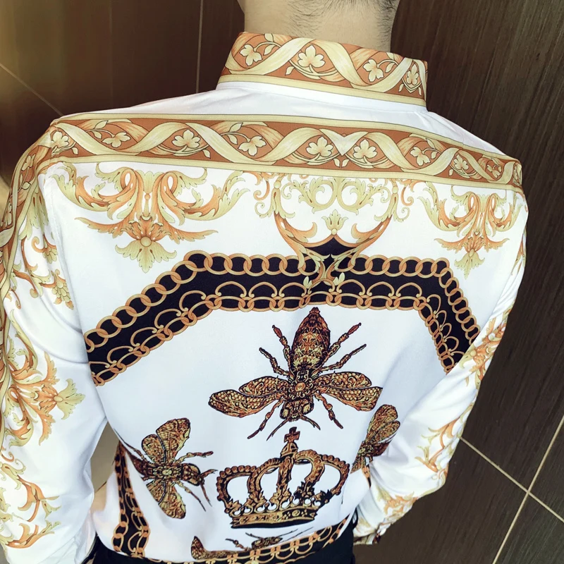

Korean Style Slim Fit Golden Yellow 3D Print Long Sleeve Shirt Men Autumn New Quality Soft Smooth Luxury Camisa Masculina M-XXXL