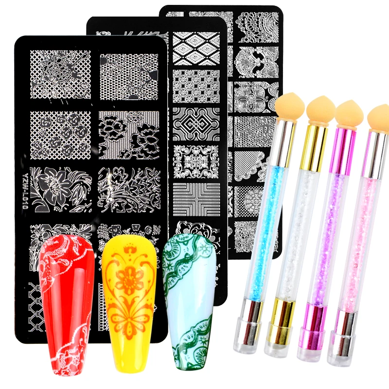 

Nail Stamping Plates Set Silicone Sponge Brush Polish Transfer Stencils Flower Geometry DIY Template for Nail Tool
