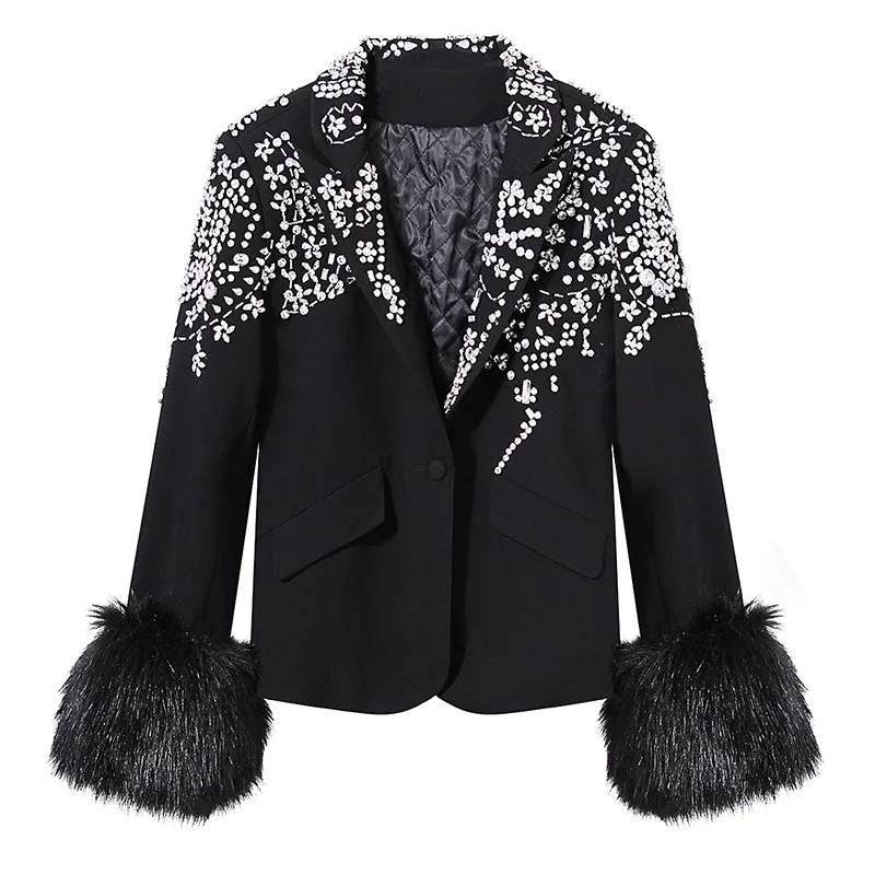 

Black Jackets Heavy Work Diamond Trim Stylish Personality Furry Cuff Removable Slimming Thin Clip Cotton Suit Jacket