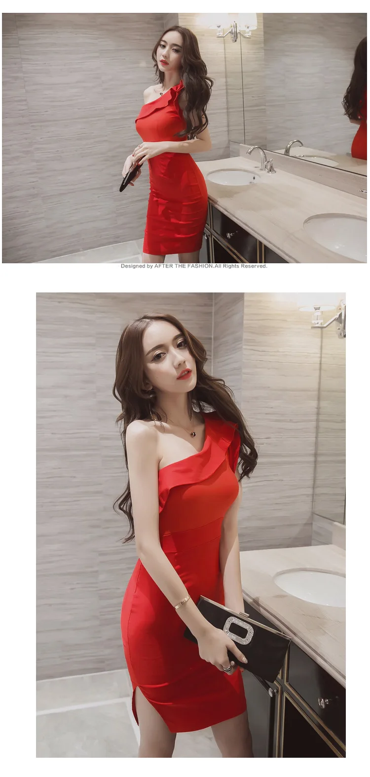 Ladies Sleevelss Sheath Ruffle Wrap Black Mini Dress Women Sexy Dinner Dresses for Women Red One-Shoulder Evening Party Dress