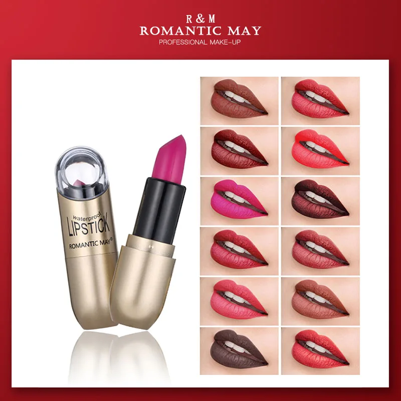 

ROMANTIC MAY NEW Gold tube Matte Lipstick Women Brand Makeup Waterproof long lasting Easy To Wear Lip Cosmetics Make up Tool