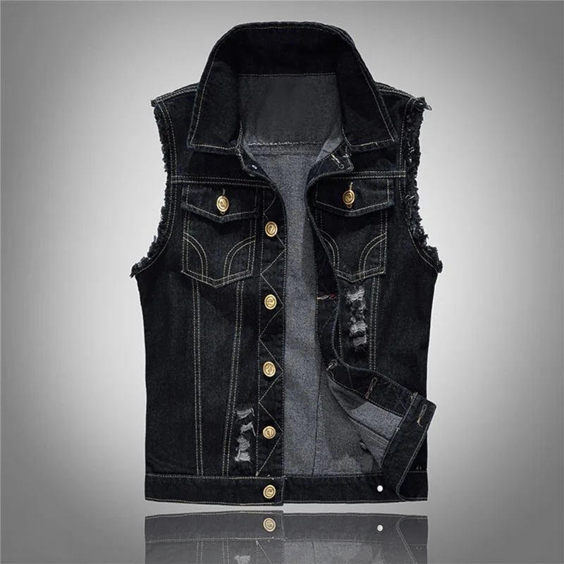 

Men's Ripped Jean Jacket Denim Vest Hip Hop Jean Coats Waistcoat Cowboy Sleeveless Jacket Male Tank For Casual Street Tank