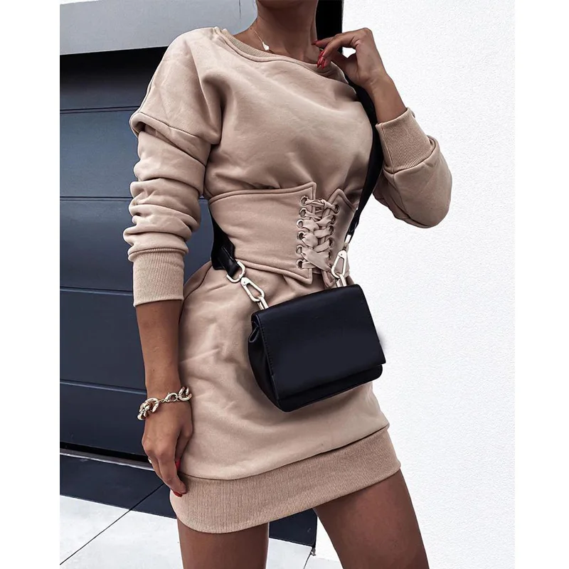 

Women O-neck Plain Long Sleeve Casual Sweatshirt Dress with Corset Solid Pullover