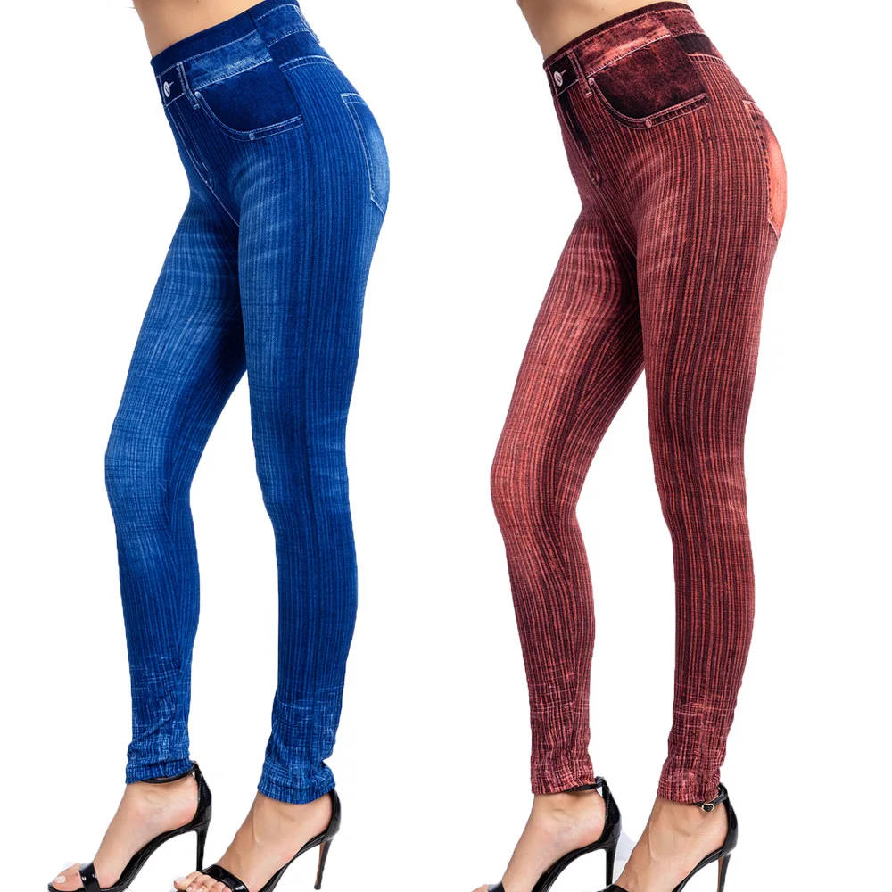 

Large Size 3XL High Waist Imitation Jeans Tights Slim Elastic Tight Pencil Pants Vertical Stripe Red Sexy Women's Sports Pants